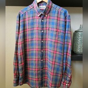 Barbour Men's Standard Fit Cotton/Linen Blue and Red Plaid Shirt XL